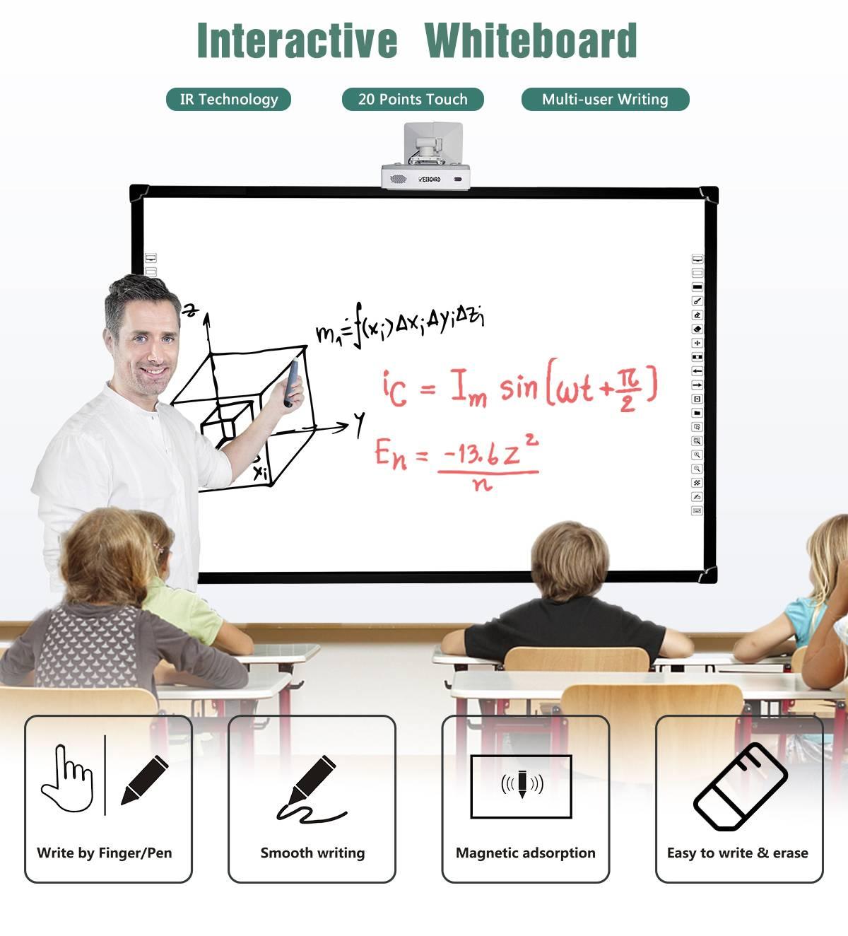 Optiview Interactive Whiteboard Touchable Display 82 Inch Size Working With Projector OPV-WB82 - a teacher writing equations on the large rectangular display with a toolbar on the right side.