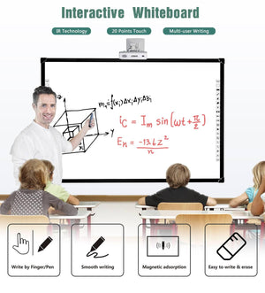 Optiview Interactive Whiteboard Touchable Display 82 Inch Size Working With Projector OPV-WB82 - a teacher writing equations on the large rectangular display with a toolbar on the right side.