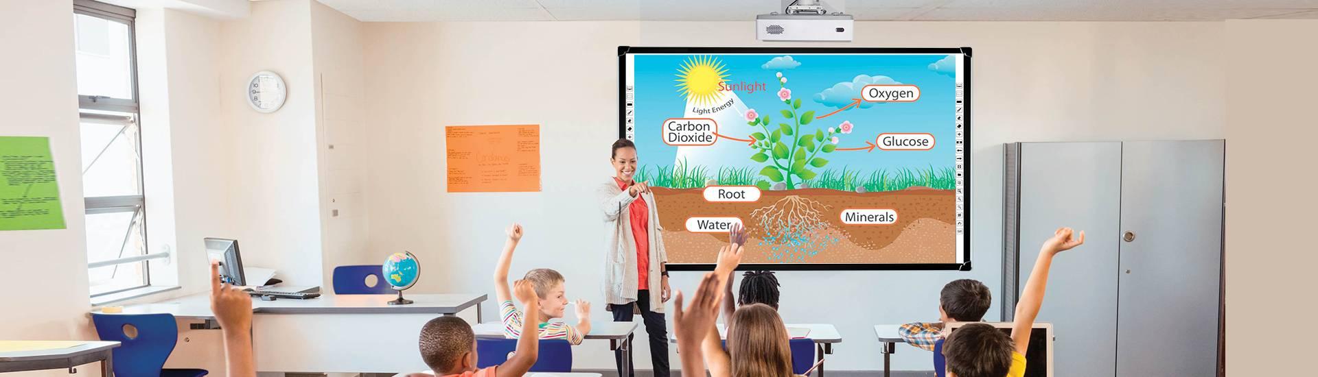 Optiview Interactive Whiteboard Touchable Display 82 Inch Size Working With Projector OPV-WB82 - a classroom scene with a teacher presenting a diagram of plant photosynthesis.