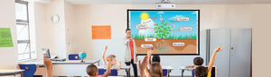 Optiview Interactive Whiteboard Touchable Display 82 Inch Size Working With Projector OPV-WB82 - a classroom scene with a teacher presenting a diagram of plant photosynthesis.