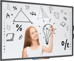Optiview Interactive Whiteboard Touchable Display 82 Inch Size Working With Projector OPV-WB82 - a girl drawing a lightbulb on a screen filled with hand-drawn math symbols, shapes, and icons.