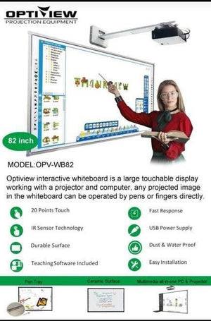 Optiview Interactive Whiteboard Touchable Display 82 Inch Size Working With Projector OPV-WB82 - a woman using a stylus on an 82-inch touch display featuring educational software and a projector mount.