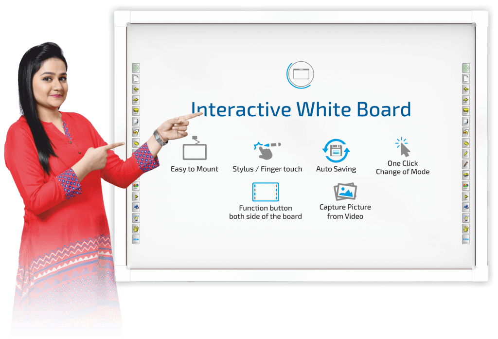Optiview Interactive Whiteboard Touchable Display 82 Inch Size Working With Projector OPV-WB82 - a woman pointing to a screen displaying features like stylus touch, auto saving, and function buttons.