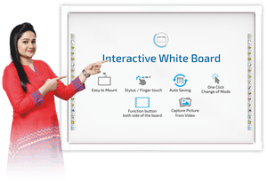 Optiview Interactive Whiteboard Touchable Display 82 Inch Size Working With Projector OPV-WB82 - a woman pointing to a screen displaying features like stylus touch, auto saving, and function buttons.