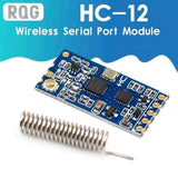 Original 433MHz HC12 Hc-12 SI4463 Wireless Serial Port Module - a blue rectangular circuit board with an antenna connector, several surface-mount components, and a coiled antenna.