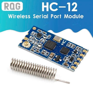 Original 433MHz HC12 Hc-12 SI4463 Wireless Serial Port Module - a blue rectangular circuit board with an antenna connector, several surface-mount components, and a coiled antenna.