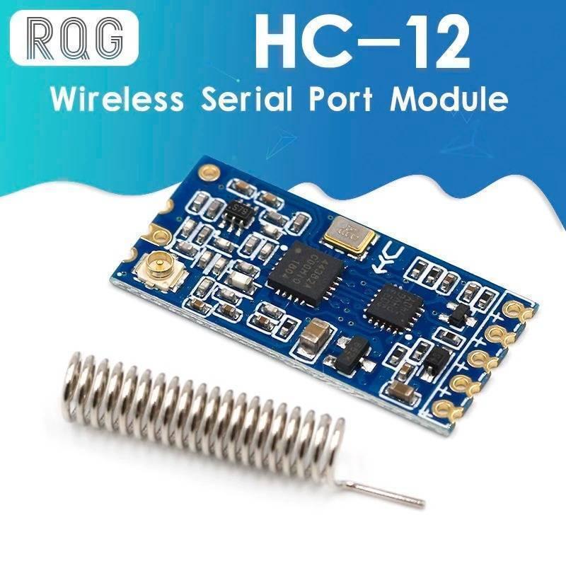 Original 433MHz HC12 Hc-12 SI4463 Wireless Serial Port Module - a blue rectangular circuit board with an antenna connector, several surface-mount components, and a coiled antenna.