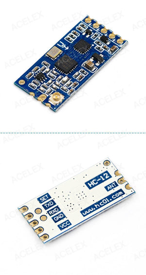 Original 433MHz HC12 Hc-12 SI4463 Wireless Serial Port Module - shown from two angles, displaying the blue circuit board, antenna connector, and pin labels.