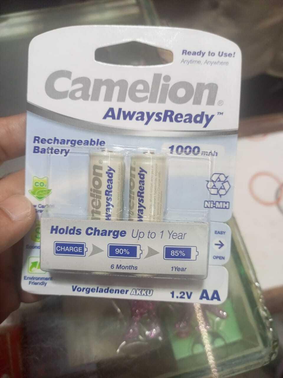 Original AA 1.2V Camelion Rechargeable Cell Original Battery AA Camelion 1000mAh Always Ready Rechargeable Cell Pack - charge retention specifications over one year.