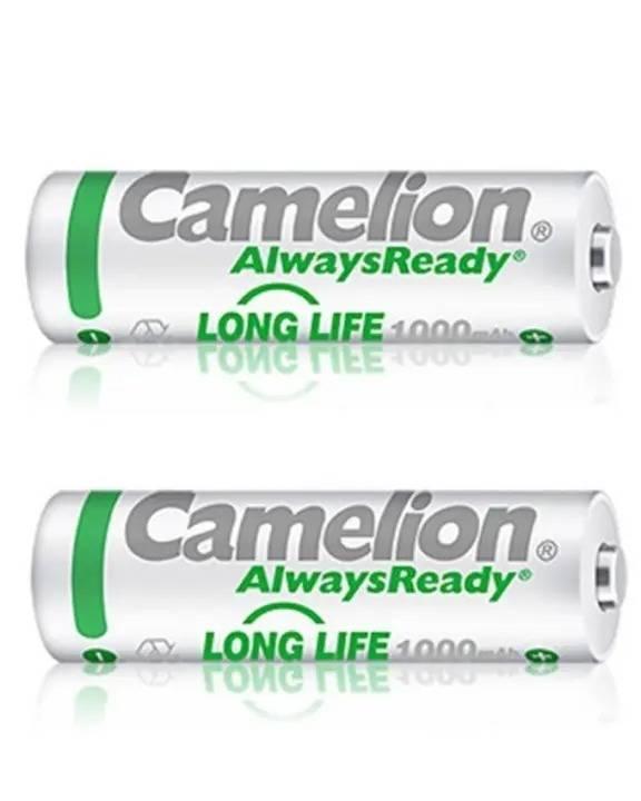Original AA 1.2V Camelion Rechargeable Cell Original Battery AA Camelion 1000mAh Always Ready Rechargeable Cell Pack - two white and green cylindrical 1.2V cells with 1000mAh capacity printed on the labels.