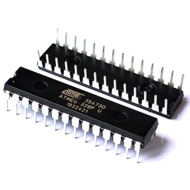 Original ATMEGA328 28 Pin ATMEGA328P-PU Microcontroller - two black 28-pin dual in-line package integrated circuits with Atmel branding and text markings on a white background.