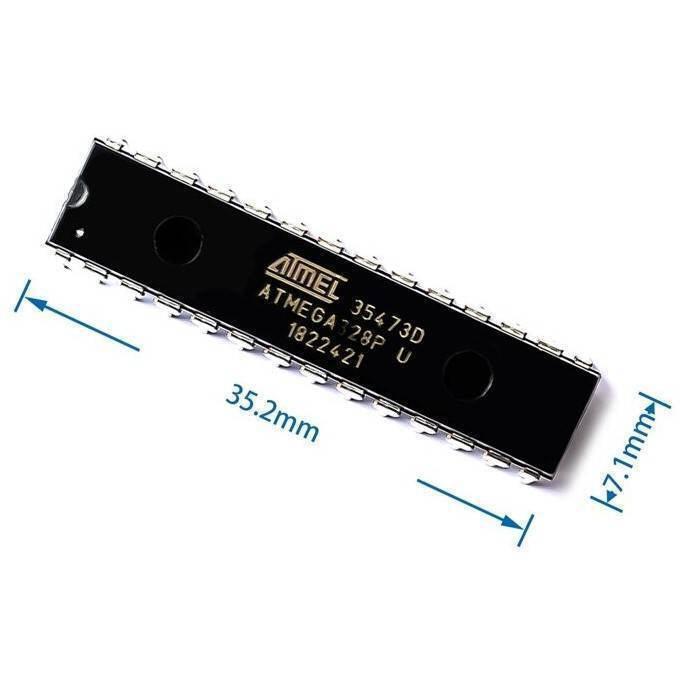 Original ATMEGA328 28 Pin ATMEGA328P-PU Microcontroller - a black 28-pin dual in-line package integrated circuit with white text, shown with blue dimension lines indicating 35.2mm.