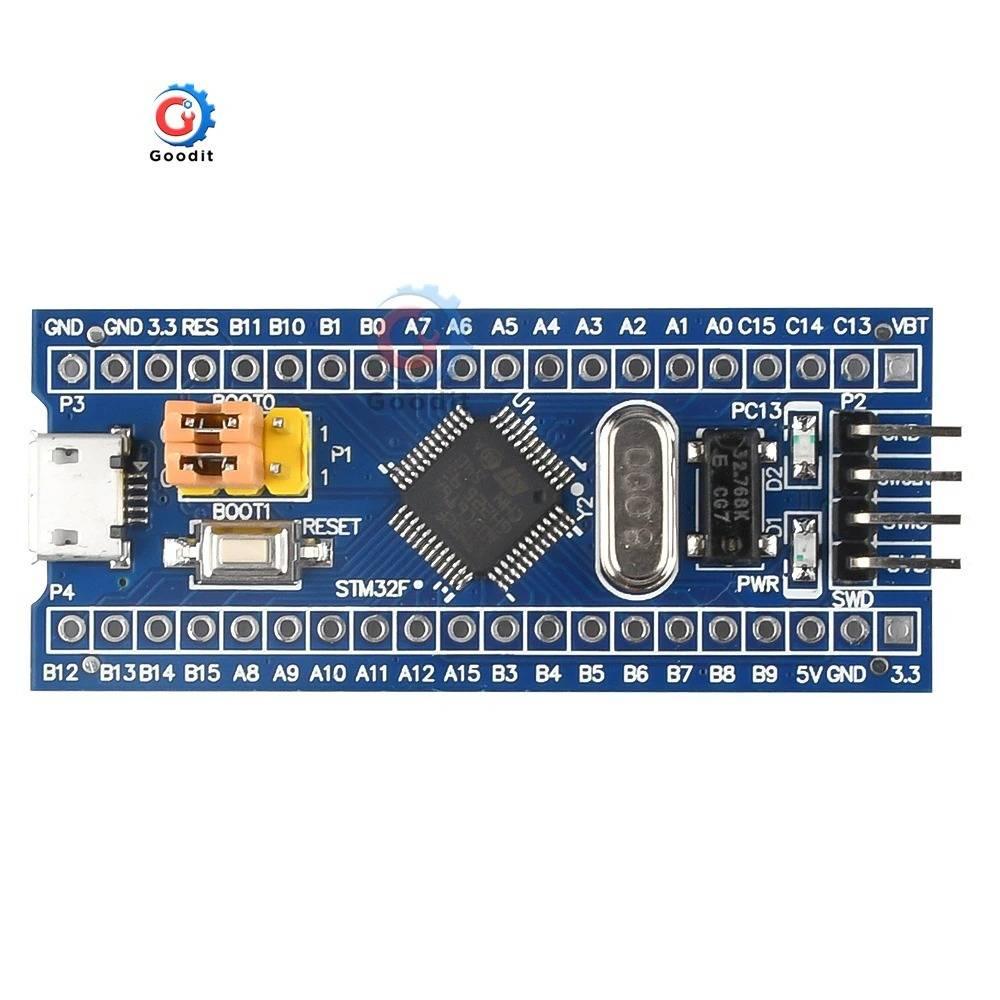 Original Blue Pill STM32F103C8T6 STM32F103 ARM Cortex-M3 Minimum System Development Board For Educational USE Only - rectangular circuit board featuring a micro-USB port, two jumpers, a reset button, and pins.