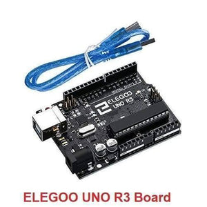 Original ELEGOO UNO R3 Board with USB Cable Compatible with Arduino IDE - a black microcontroller development board with a USB port, power jack, and pin headers, shown with a blue USB cable.