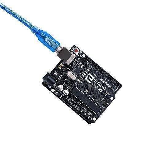 Original ELEGOO UNO R3 Board with USB Cable Compatible with Arduino IDE - a black microcontroller board with a USB port, a power jack, and a blue USB cable plugged into the board.