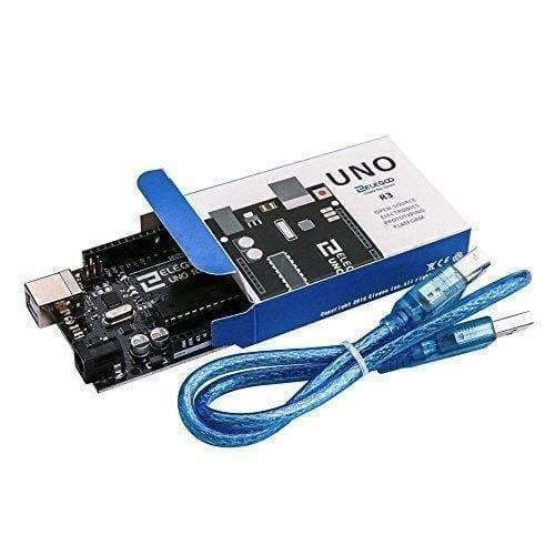 Original ELEGOO UNO R3 Board with USB Cable Compatible with Arduino IDE - partially inside its branded cardboard box with a blue USB cable coiled in the foreground.
