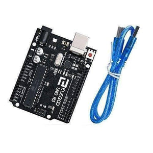Original ELEGOO UNO R3 Board with USB Cable Compatible with Arduino IDE - a black microcontroller with a USB port and pin headers, shown alongside a blue USB cable.