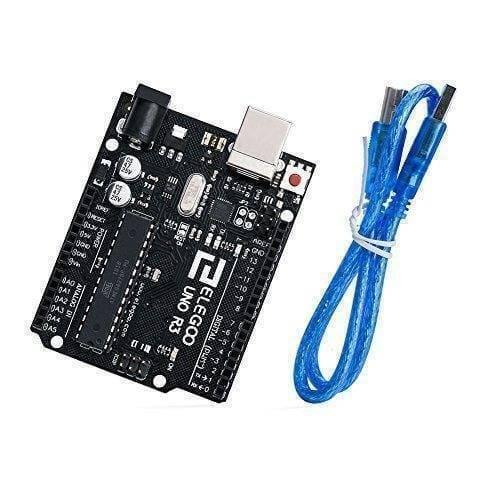 Original ELEGOO UNO R3 Board with USB Cable Compatible with Arduino IDE - a black microcontroller with a USB port and pin headers, shown alongside a blue USB cable.
