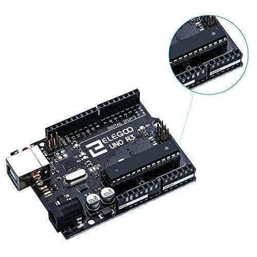 Original ELEGOO UNO R3 Board with USB Cable Compatible with Arduino IDE - the main circuit board with a USB port, power jack, and a circular inset highlighting the microcontroller chip.