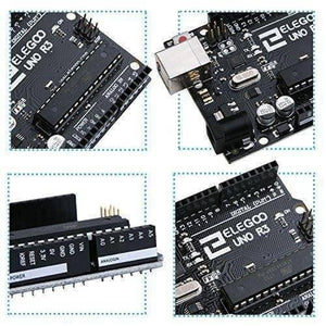 Original ELEGOO UNO R3 Board with USB Cable Compatible with Arduino IDE - four close-up views of the black circuit board, its ports, pins, and USB connector.