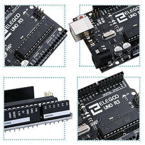 Original ELEGOO UNO R3 Board with USB Cable Compatible with Arduino IDE - four close-up views of the black circuit board, its ports, pins, and USB connector.