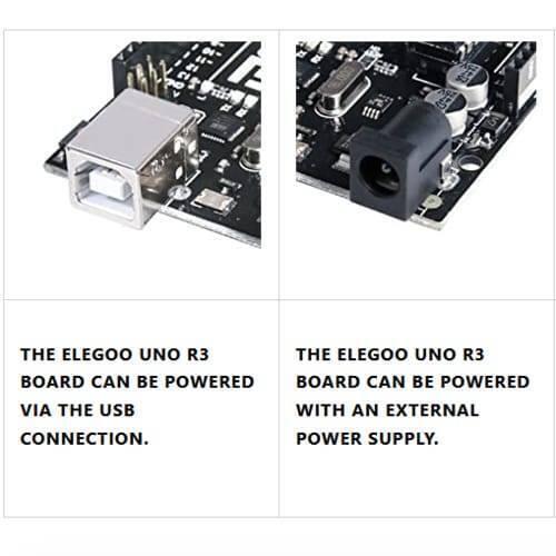 Original ELEGOO UNO R3 Board with USB Cable Compatible with Arduino IDE - close-up showing the black circuit board's USB port and the external DC power jack connector.