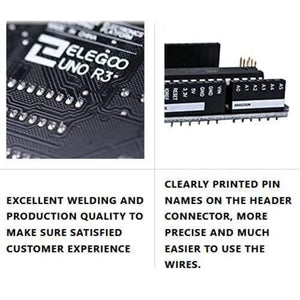 Original ELEGOO UNO R3 Board with USB Cable Compatible with Arduino IDE - the black printed circuit board, header pins, and clearly labeled pin names for power and analog inputs.