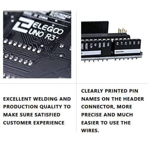 Original ELEGOO UNO R3 Board with USB Cable Compatible with Arduino IDE - the black printed circuit board, header pins, and clearly labeled pin names for power and analog inputs.