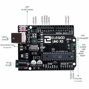 Original ELEGOO UNO R3 Board with USB Cable Compatible with Arduino IDE - a black rectangular microcontroller with visible USB, DC power, digital and analog pin headers, and labeled ICSP connectors.