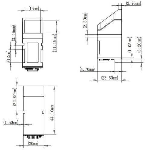 Original Finger Print Sensor R307 Optical Finger Print Scanner Reader Module - technical dimension diagram showing three views with measurements in millimeters.