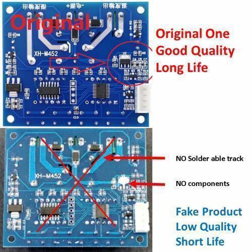 Original Genuine Xh M452 Incubator Temperature Humidity Controller DC 12V - shown in a comparison of a populated blue circuit board against a missing-part version.