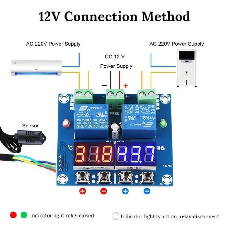 Original Genuine Xh M452 Incubator Temperature Humidity Controller DC 12V - with digital displays, relays, buttons, and sensor diagram.
