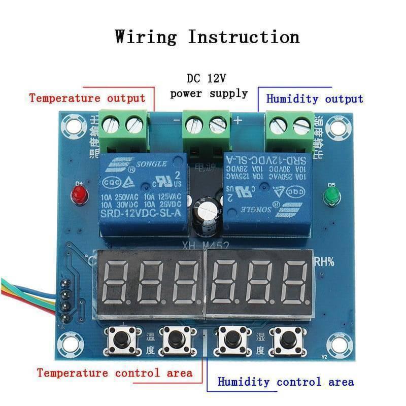 Original Genuine Xh M452 Incubator Temperature Humidity Controller DC 12V - a blue circuit board with two relays, a dual-segment display, and buttons.