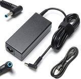 Original HP 19.5V 3.33A 65W AC adapter with power cable - a black power brick, a right-angle barrel connector with a blue tip, and a separate power cord.