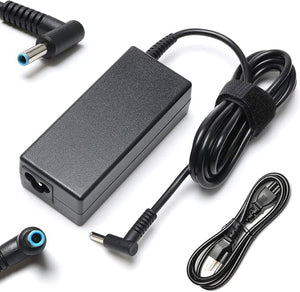 Original HP 19.5V 3.33A 65W AC adapter with power cable - a black power brick, a right-angle barrel connector with a blue tip, and a separate power cord.