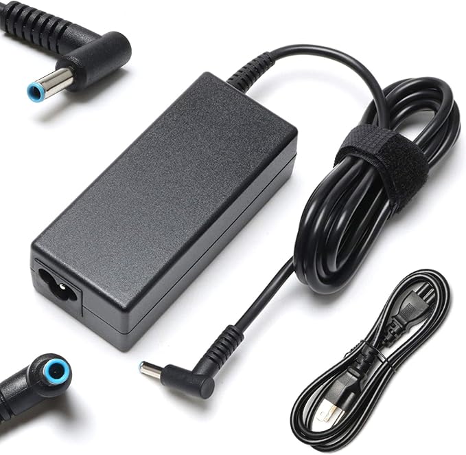 Original HP 19.5V 3.33A 65W AC adapter with power cable - a black power brick, a right-angle barrel connector with a blue tip, and a separate power cord.