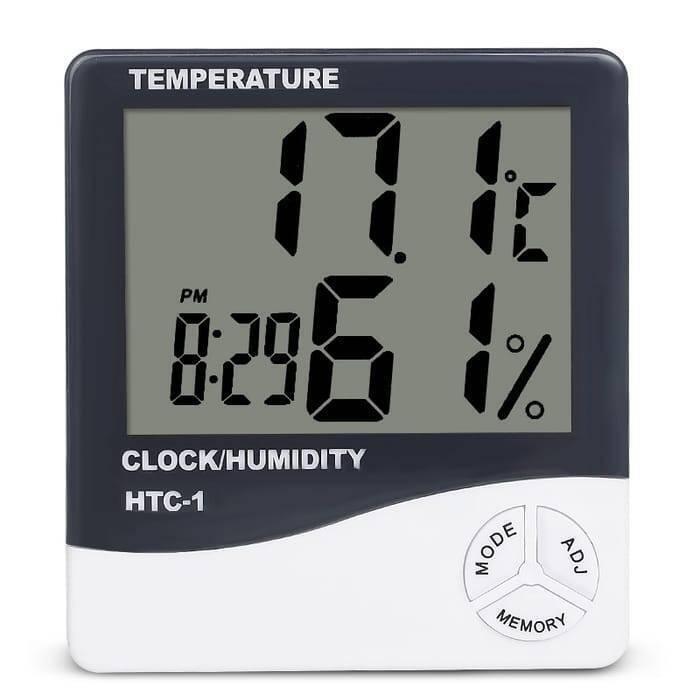 Original Htc 1 Temperature Humidity Meter Hygrometer - a square black and white device showing 17.1°C, 61% humidity, and 8:29 PM with three front control buttons.