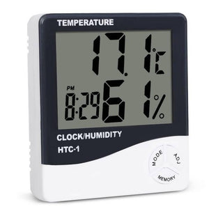 Original Htc 1 Temperature Humidity Meter Hygrometer - a white and black digital device showing 17.1°C, 61% humidity, and 8:29 PM with three front control buttons.