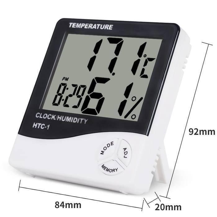 Original Htc 1 Temperature Humidity Meter Hygrometer - a white and black digital device showing 17.1°C, 61% humidity, and 8:29 PM with dimension labels.