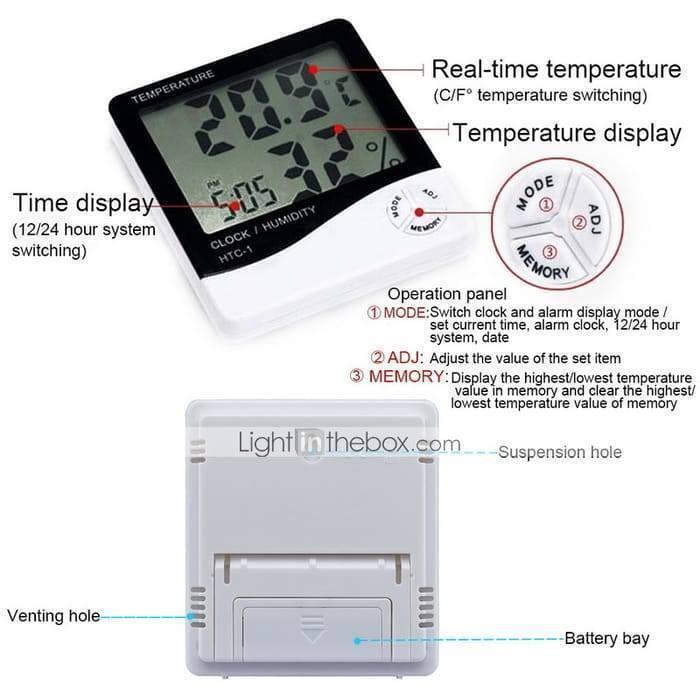 Original Htc 1 Temperature Humidity Meter Hygrometer - a white digital device with a screen displaying 20.9C, 32% humidity, and 5:05, plus rear battery bay.