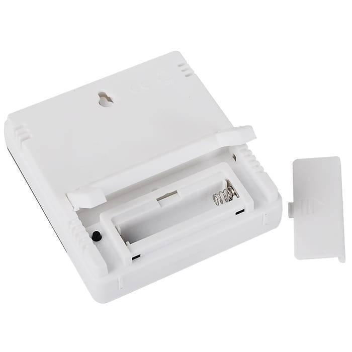 Original Htc 1 Temperature Humidity Meter Hygrometer - shown from the back in white plastic with an open battery compartment and a detached battery cover.
