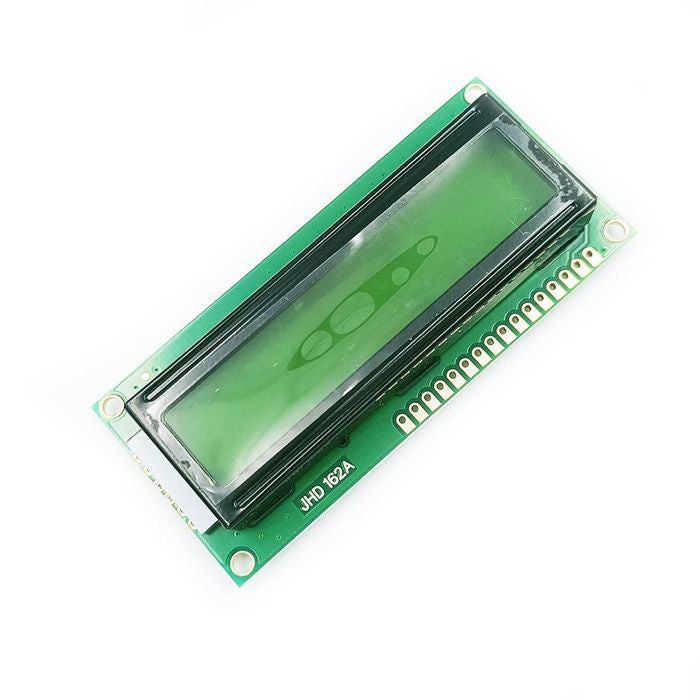 Original Jhd Green 1602 LCD 16x2 Character LCD Arduino Display For Arduino - screen and a row of sixteen through-hole connection pins on a green circuit board.