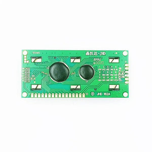 Original Jhd Green 1602 LCD 16x2 Character LCD Arduino Display For Arduino - the green circuit board back with two black epoxy blobs and a 16-pin connector.