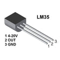 Original LM35 Temperature Sensor - shown as a black, three-pin electronic component with a diagram labeling pins 1, 2, and 3 with their respective functions.