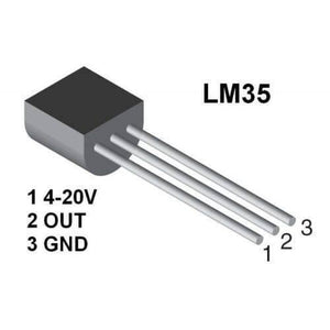 Original LM35 Temperature Sensor - shown as a black, three-pin electronic component with a diagram labeling pins 1, 2, and 3 with their respective functions.