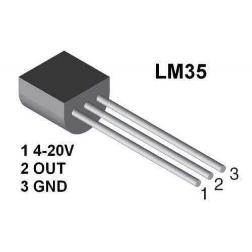 Original LM35 Temperature Sensor - shown as a black, three-pin electronic component with a diagram labeling pins 1, 2, and 3 with their respective functions.