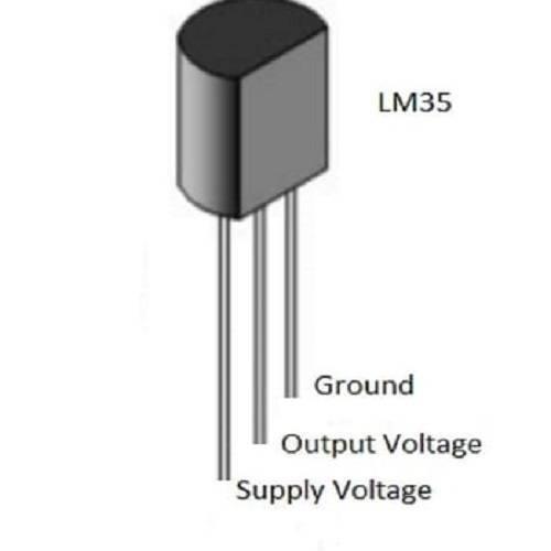 Original LM35 Temperature Sensor - shown as a black, semi-cylindrical electronic component with three downward-extending metal pins labeled Supply, Output, and Ground.