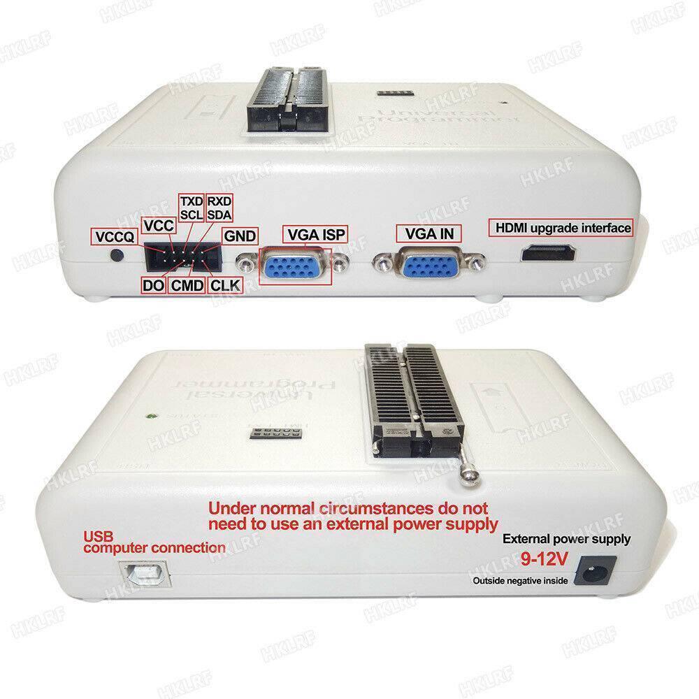 Original New RT809H Emmc Nand-flash Extremely Universal Programmer RT809H 31 Adapters Suction Pen Emmc Nand - shown from front and back, featuring a ZIF socket, USB port, power jack, VGA, HDMI, and various labeled pin headers.