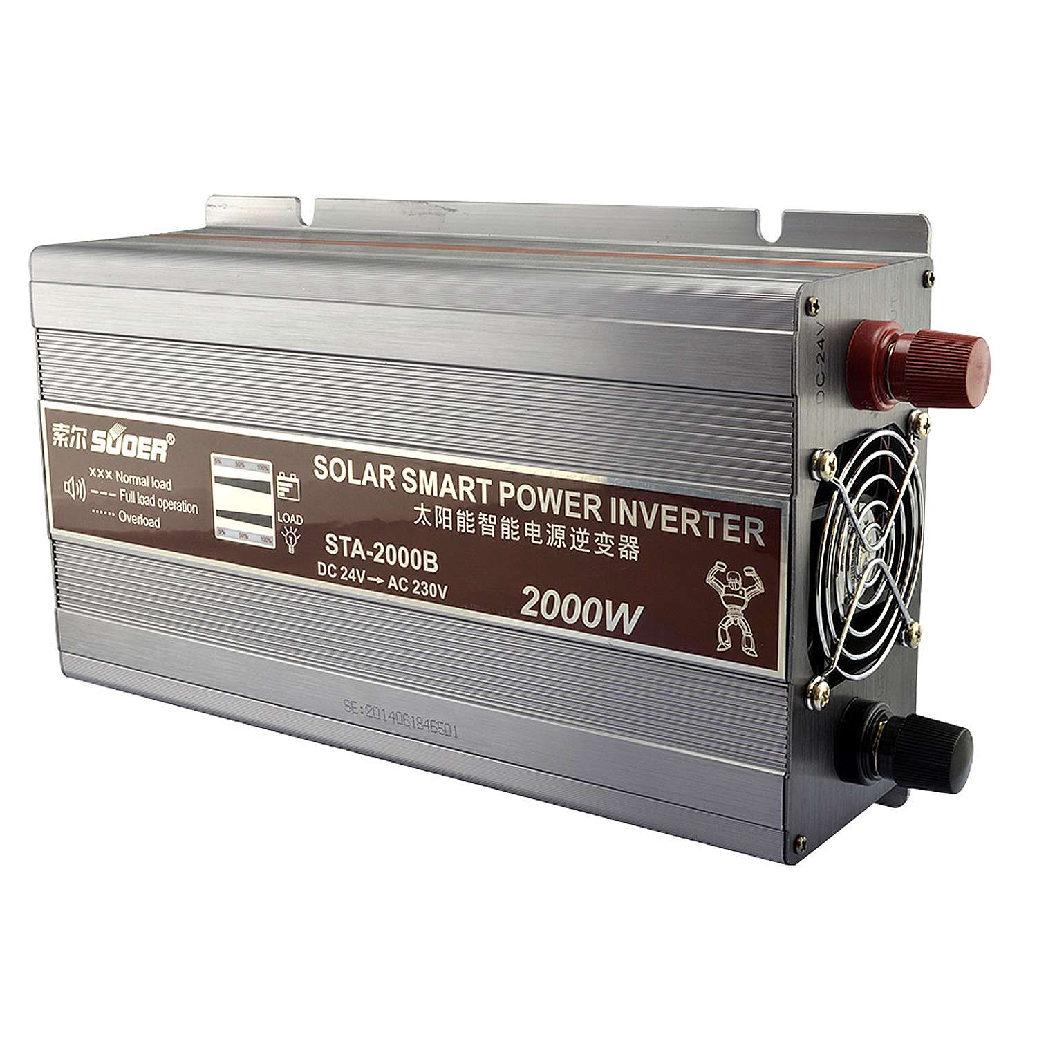 Original Suoer 24V 2000W Inverter STA-2000B 2022 Modified Sine Wave Solar Power USB 24V DC to 220VAC - a silver rectangular unit with a cooling fan, red and black terminals, and a label showing 2000W output.
