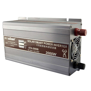 Original Suoer 24V 2000W Inverter STA-2000B 2022 Modified Sine Wave Solar Power USB 24V DC to 220VAC - a silver rectangular unit with a cooling fan, red and black terminals, and a label showing 2000W output.